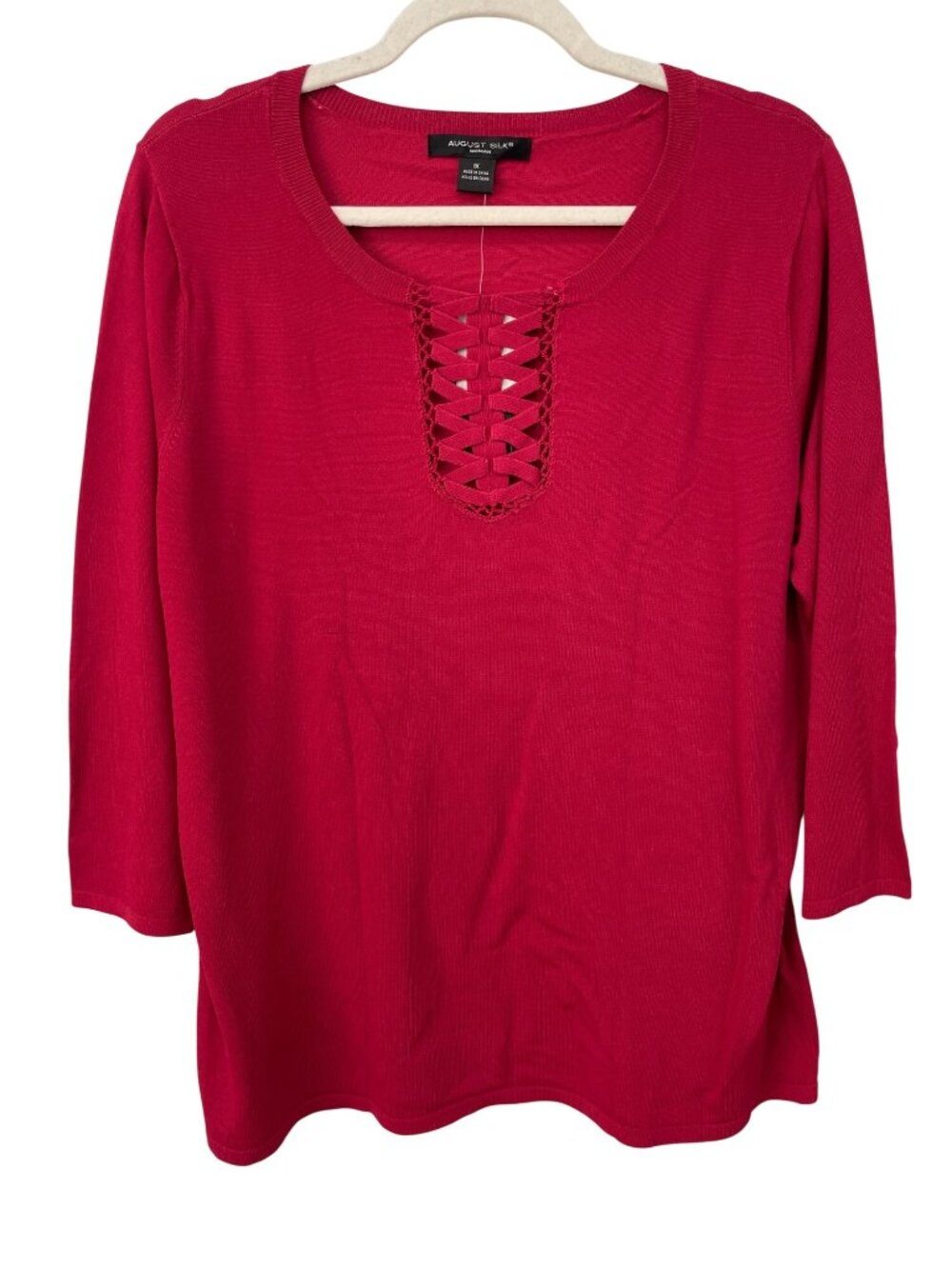August Silk Knit Top 1X Criss Cross Crocheted Neck 3/4 Sleeve Plus Holby Red NEW